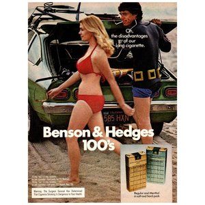 1976 Benson Hedges 100's Cigarettes Blonde Red Bikini Beach Green Car California